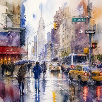 urban street with city activity — Wet-on-Wet Watercolor Style