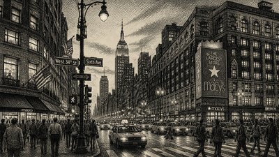 bustling city street panorama at dusk