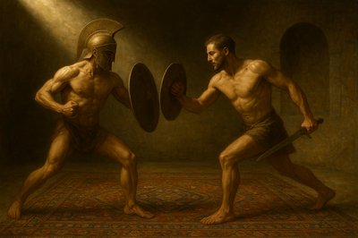 a painting of two men fighting each other