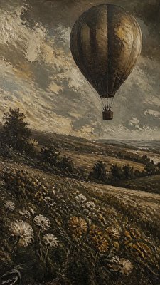 a hot air balloon drifting over rolling flower fields on a sunny day, cheerful, no text