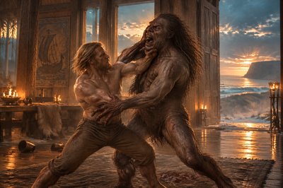 a scene from a movie showing a man being attacked by a bigfoot