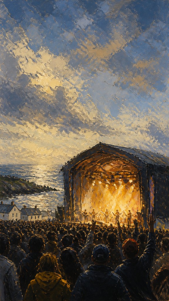 a live music scene with a glowing stage and silhouetted crowd, energetic vertical composition with open space at the top, no text