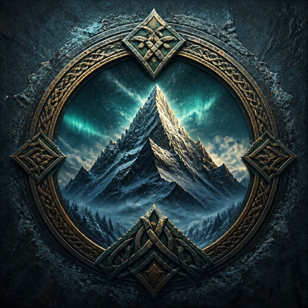 an emblem of a mountain peak inside a circle, simple bold shapes on a plain background, no text or lettering