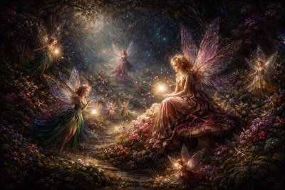  a Victorian faerie scene in a glowing woodland, tiny luminous faeries, jewel‑tone colors, soft mist, theatrical lighting, intricate wings and fabrics, in the style of John Anster Fitzgerald