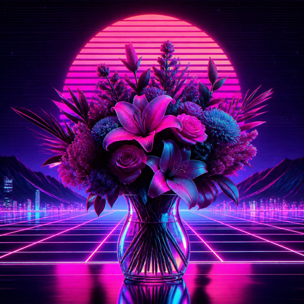 bouquet of flowers in a glass vase — Synthwave Aesthetic
