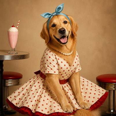 portrait of a golden retriever wearing a blue bandana, warm plain backdrop, no text
