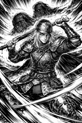 a black and white drawing of a woman holding a sword