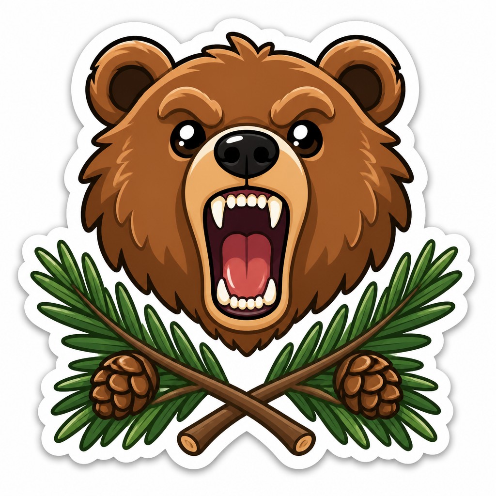 a roaring bear head above crossed pine branches, bold graphic composition on a plain background, no text