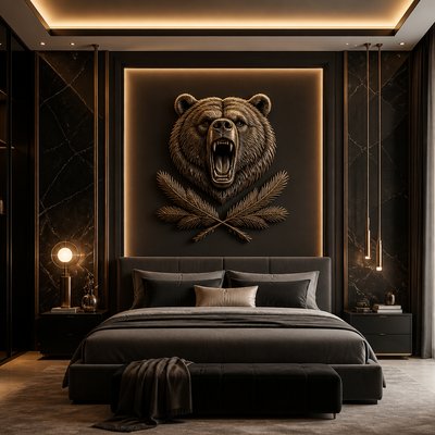 a roaring bear head above crossed pine branches, bold graphic composition on a plain background, no text