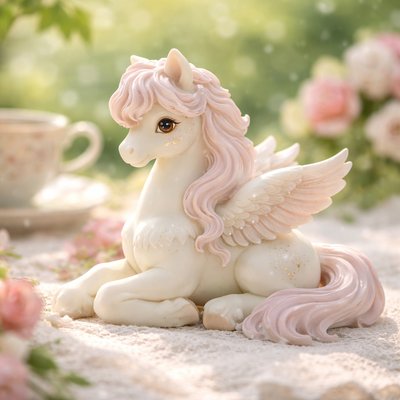 Palm-sized mythical horse figurine, anatomically correct with gentle pose and calm expression, subtle wings, minimalist fantasy style, whimsical and serene, soft studio lighting with shallow depth of field, plain background, limited colors, high but restrained detail