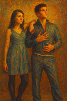 a painting of two people standing next to each other
