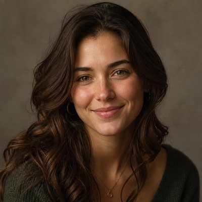 head-and-shoulders portrait of an original character: a young woman with wavy chestnut hair and a warm smile, plain soft backdrop