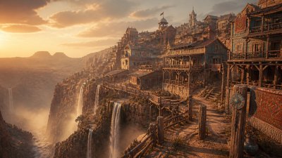 a cliffside city with waterfalls cascading into a misty canyon, wide establishing shot, no people, no text