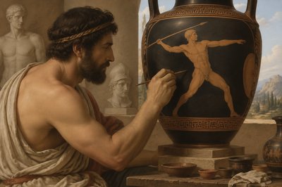 An ancient Greek vase painter with an ignudi athlete throwing a spear