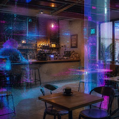 cozy cafe interior with warm lighting