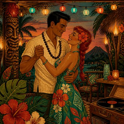 an original couple dancing under string lights in a garden at dusk: a man with short black hair in a linen shirt and a woman with braided red hair in a summer dress