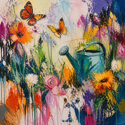 a garden scene with butterflies, flowers and a watering can, clean uncolored line art, no text