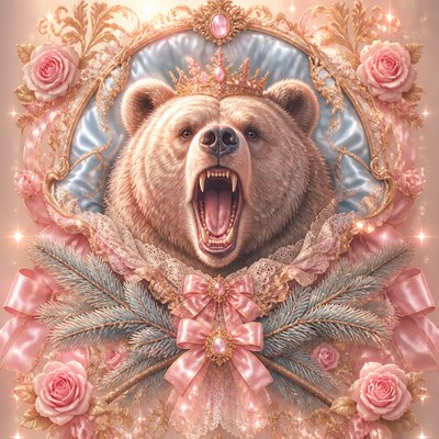 a roaring bear head above crossed pine branches, bold graphic composition on a plain background, no text