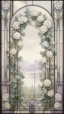an arch of white roses and eucalyptus in soft morning light, elegant vertical composition with open space, no text