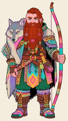full-body original character: a dwarven ranger with a braided auburn beard, worn leather armor, a longbow and a wolf-pelt cloak, neutral background, no text