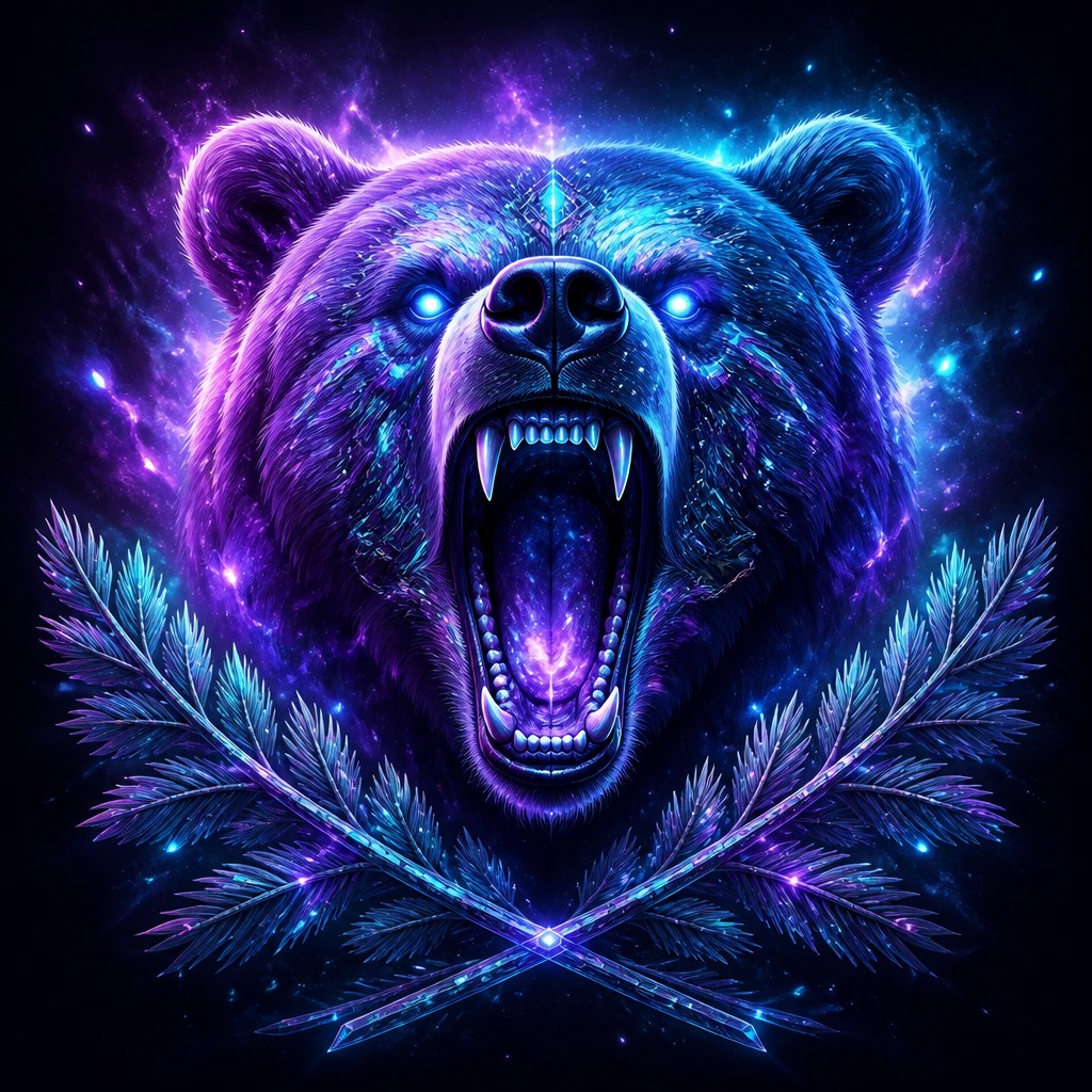 a roaring bear head above crossed pine branches, bold graphic composition on a plain background, no text