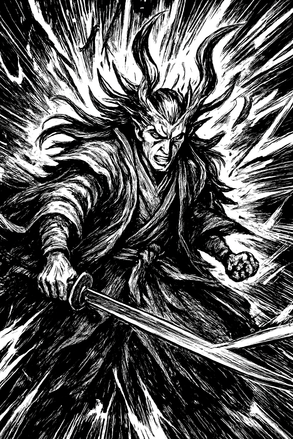 a black and white drawing of a demon holding a sword