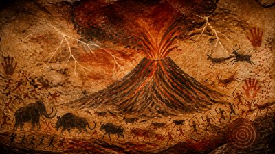 an erupting volcano with lightning strikes, dramatic wide composition, no text