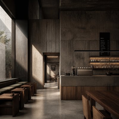 cozy cafe interior with warm lighting