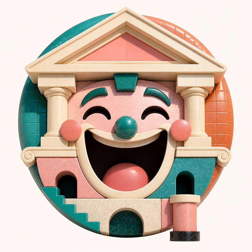 an exaggerated laughing face of an original round mascot character, bold and readable at small size, plain background, no text
