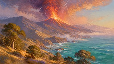 an erupting volcano with lightning strikes, dramatic wide composition, no text