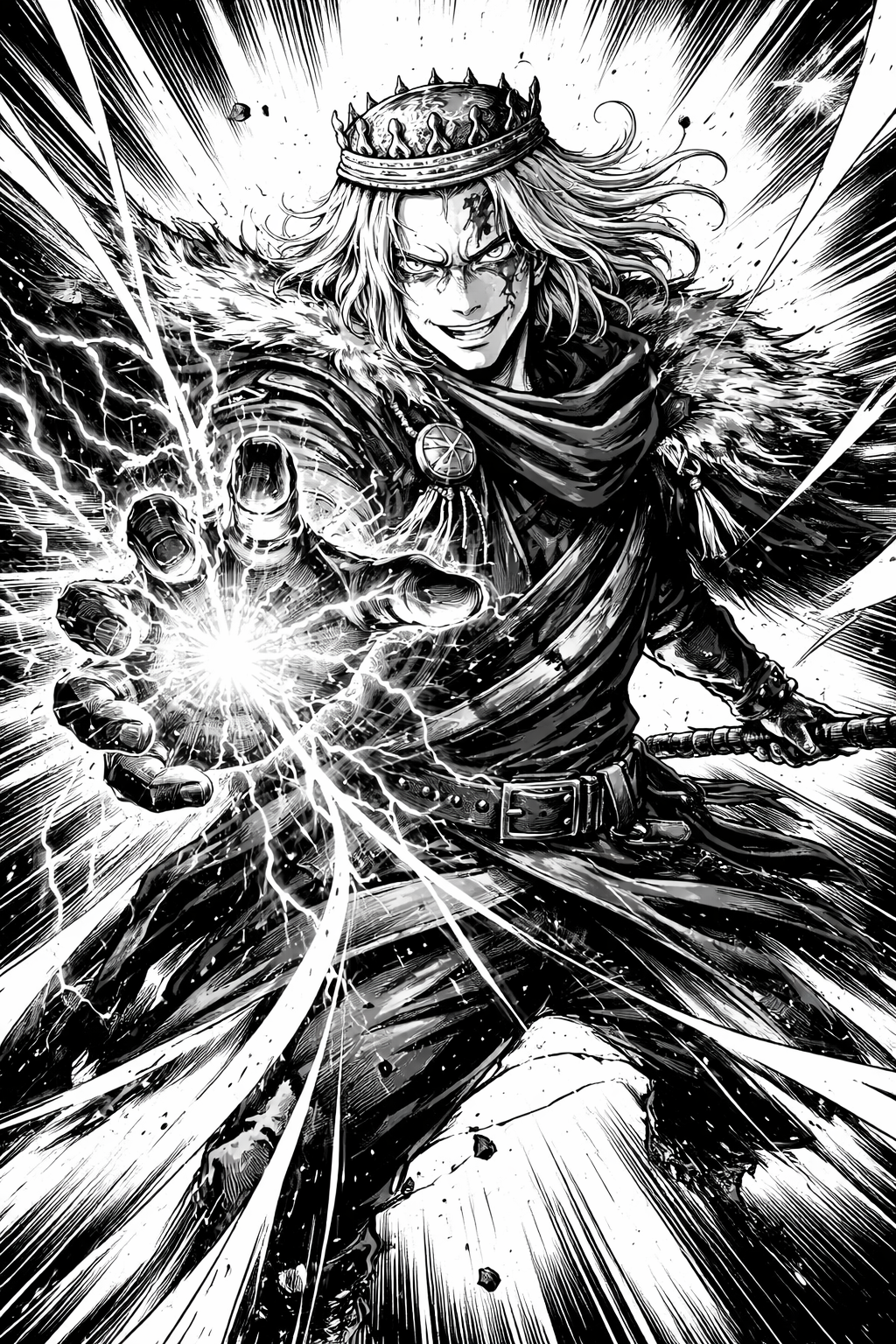 a black and white drawing of a man with a sword