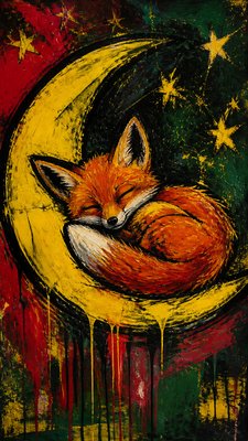 a sleeping baby fox curled on a crescent moon among soft stars, gentle and warm, no text