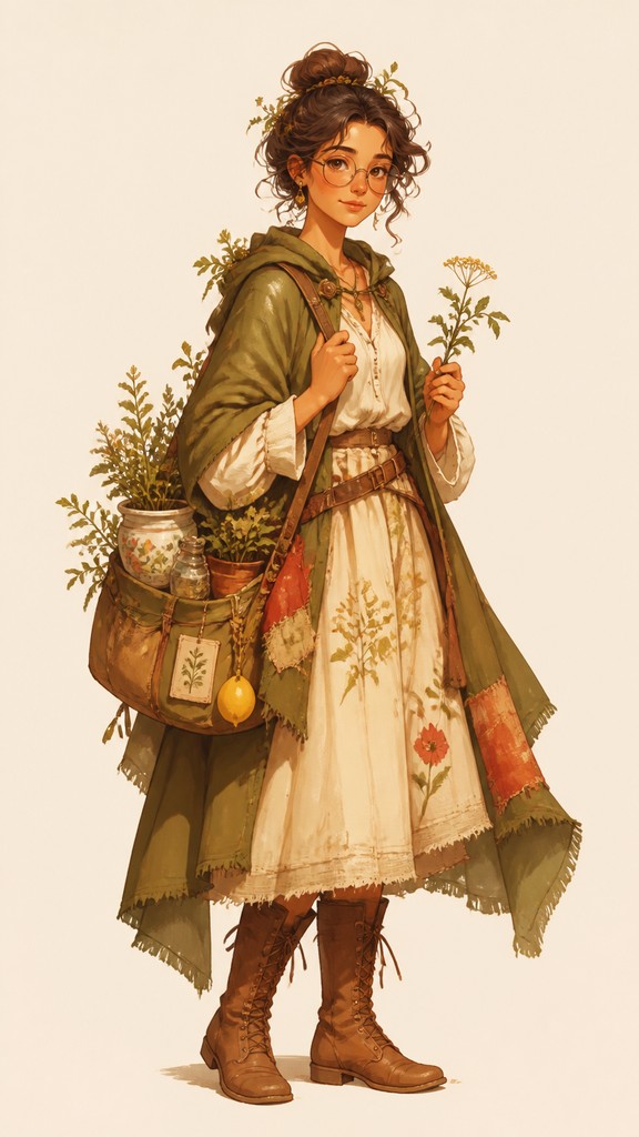full-body original character: a wandering botanist with a satchel of plants, a patched green cloak, tall boots and round glasses, neutral background