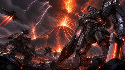 an erupting volcano with lightning strikes, dramatic wide composition, no text