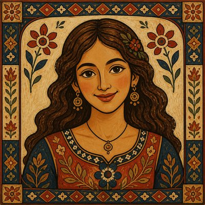 head-and-shoulders portrait of an original character: a young woman with wavy chestnut hair and a warm smile, plain soft backdrop