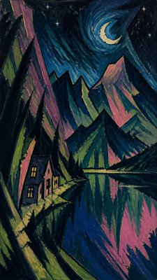 a tranquil mountain lake beneath a starry night sky, no people, no text