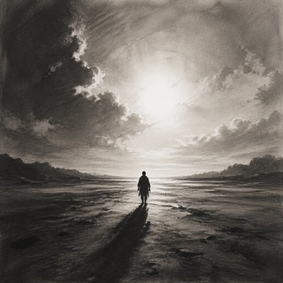 a solitary figure walking toward a glowing horizon across an empty plain, moody atmosphere, no text or lettering