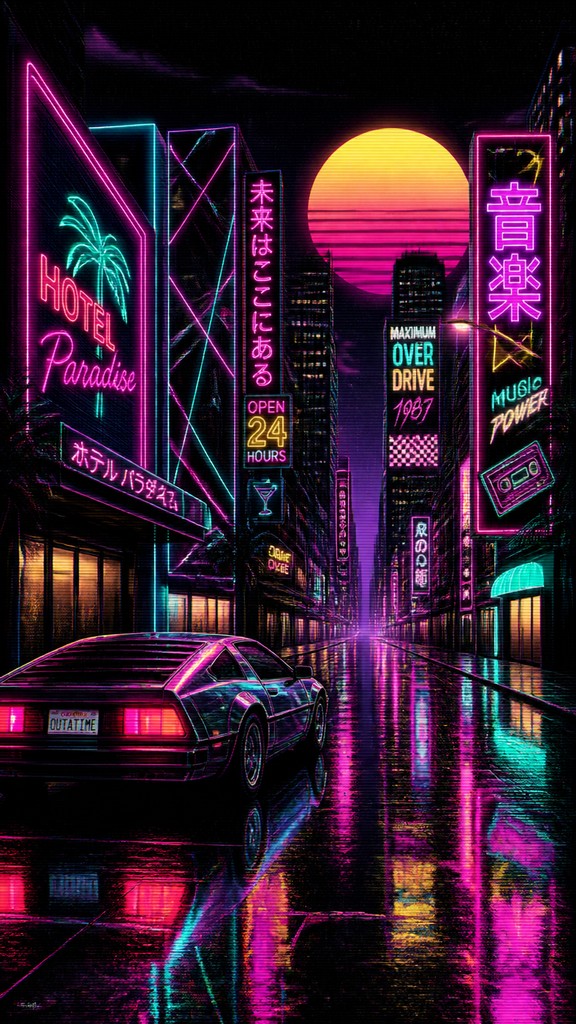 a quiet rainy city street at night reflecting neon signs, no people