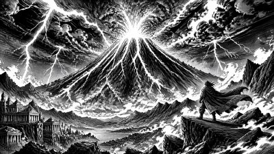 an erupting volcano with lightning strikes, dramatic wide composition, no text