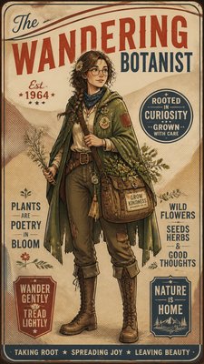 full-body original character: a wandering botanist with a satchel of plants, a patched green cloak, tall boots and round glasses, neutral background