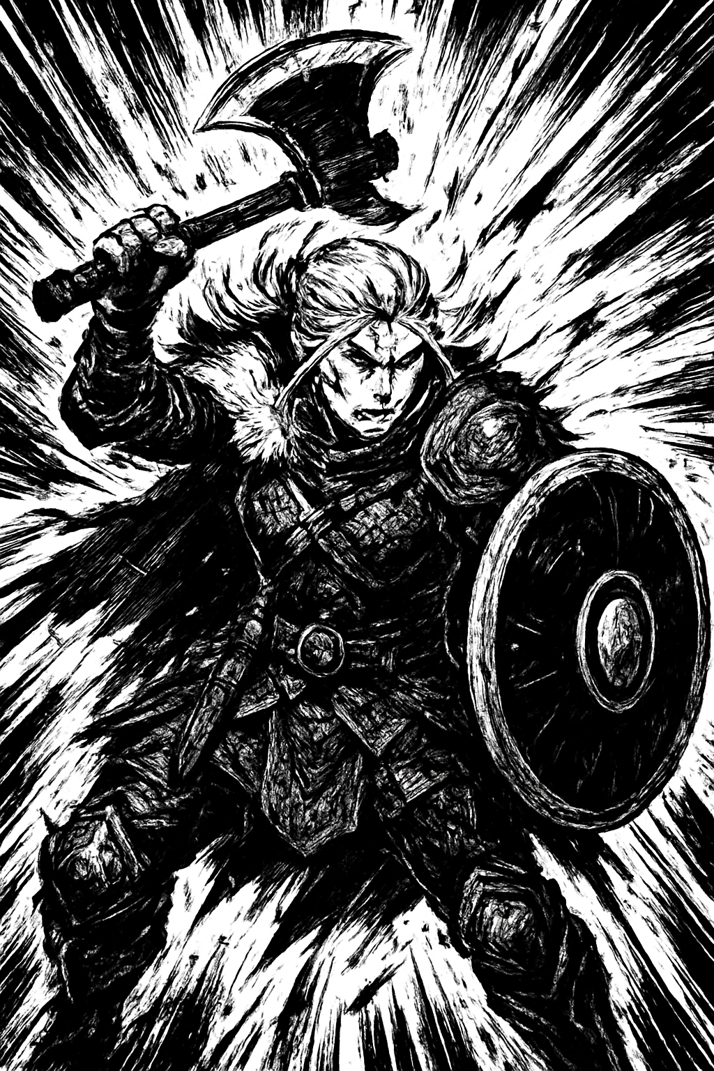 a drawing of a man with a sword and a shield