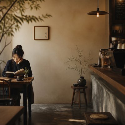 cozy cafe interior with warm lighting