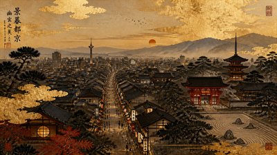 bustling city street panorama at dusk