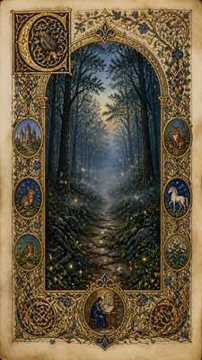 a mysterious forest path with fireflies and drifting mist, atmospheric vertical composition with open space at the top, no text