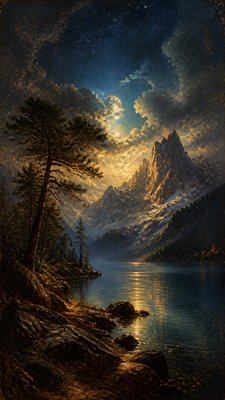 a tranquil mountain lake beneath a starry night sky, no people, no text