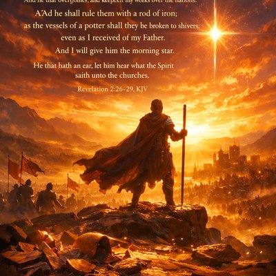 “And he that overcometh, and keepeth my works unto the end, to him will I give power over the nations: And he shall rule them with a rod of iron; as the vessels of a potter shall they be broken to shivers: even as I received of my Father. And I will give him the morning star. He that hath an ear, let him hear what the Spirit saith unto the churches.” (Revelation 2:26-29, KJV)

