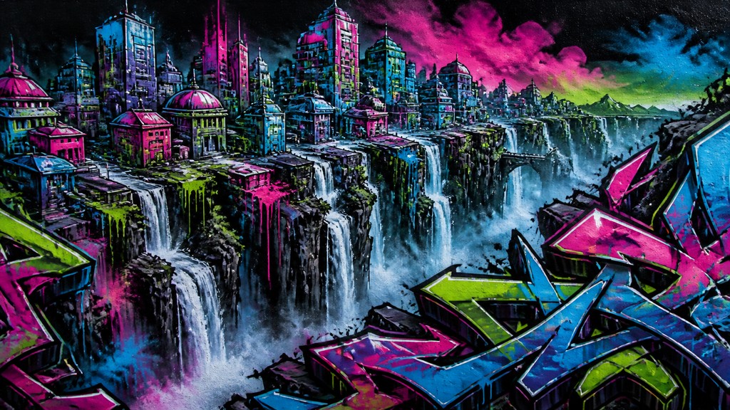 a cliffside city with waterfalls cascading into a misty canyon, wide establishing shot, no people, no text