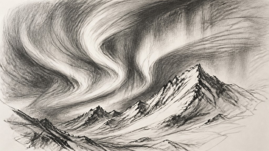 a flowing aurora over snowy peaks, wide sweeping composition, no people, no text