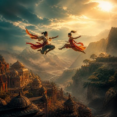 two acrobats ieap midair