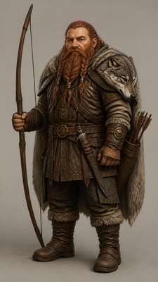 full-body original character: a dwarven ranger with a braided auburn beard, worn leather armor, a longbow and a wolf-pelt cloak, neutral background, no text